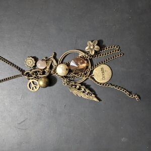 Antique Gold Tone Y Shape Charm Statement Necklace - Peace Feather Hummingbird